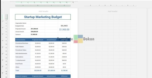 Startup Marketing Budget Template A4